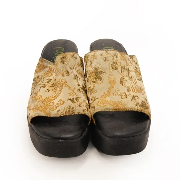 Vintage 90s Coaster Asian Floral Inspired Satin Platform Wedge Sandal Shoes - Picture 4 of 8